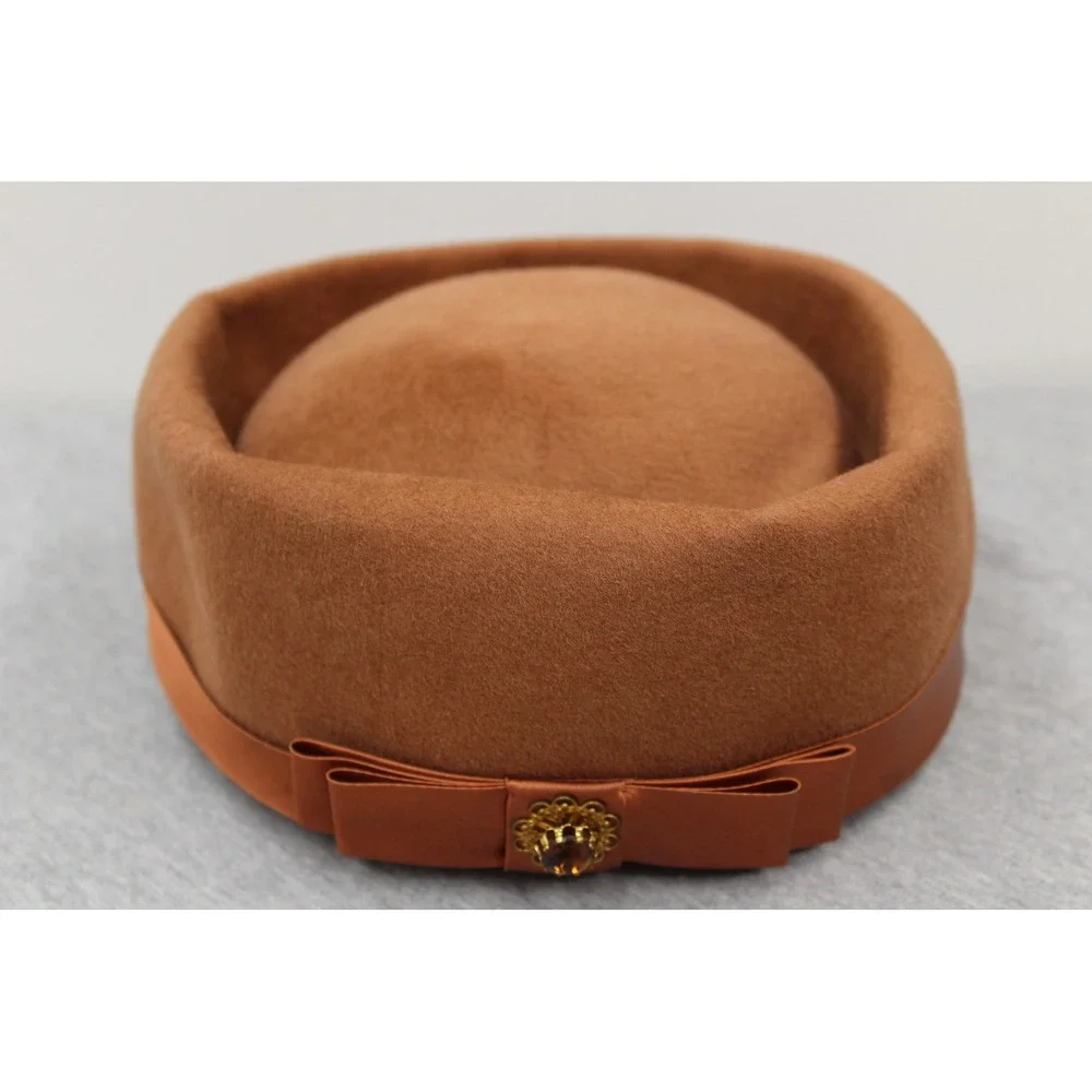 Vintage A Dianne Style Hat Women Brown Pillbox Wool Felt Jewel Bow Mid Century